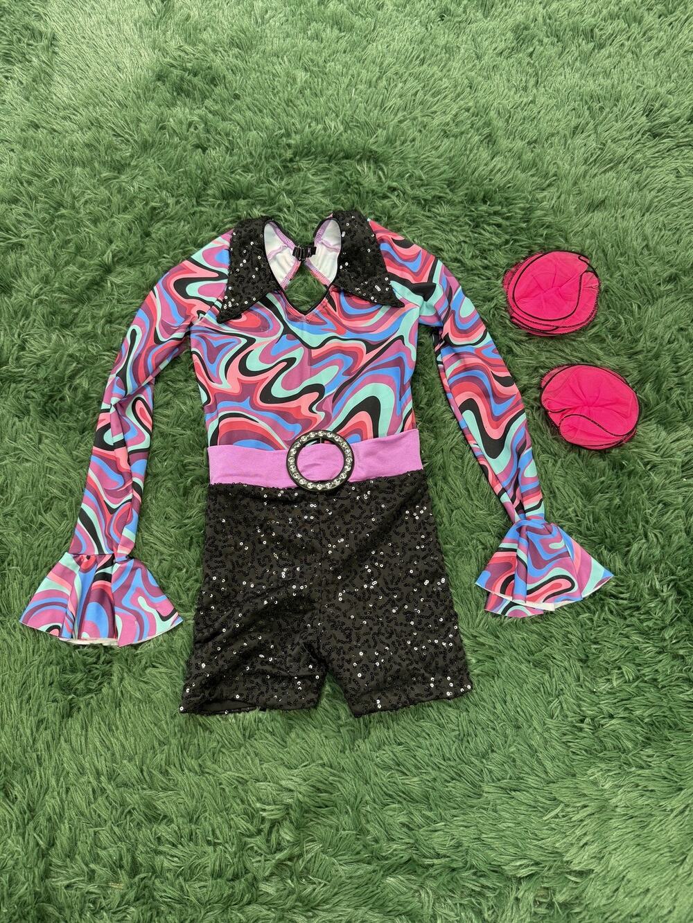 Revolution Dancewear Kids' Disco Dance Costume Outfit Leotard Shorts MC Pink